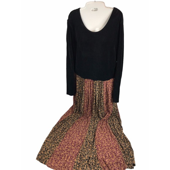 Vintage Maxi Dress Velour Top Smith Hawken Floral Cottagecore Boho pleated L - Picture 1 of 7